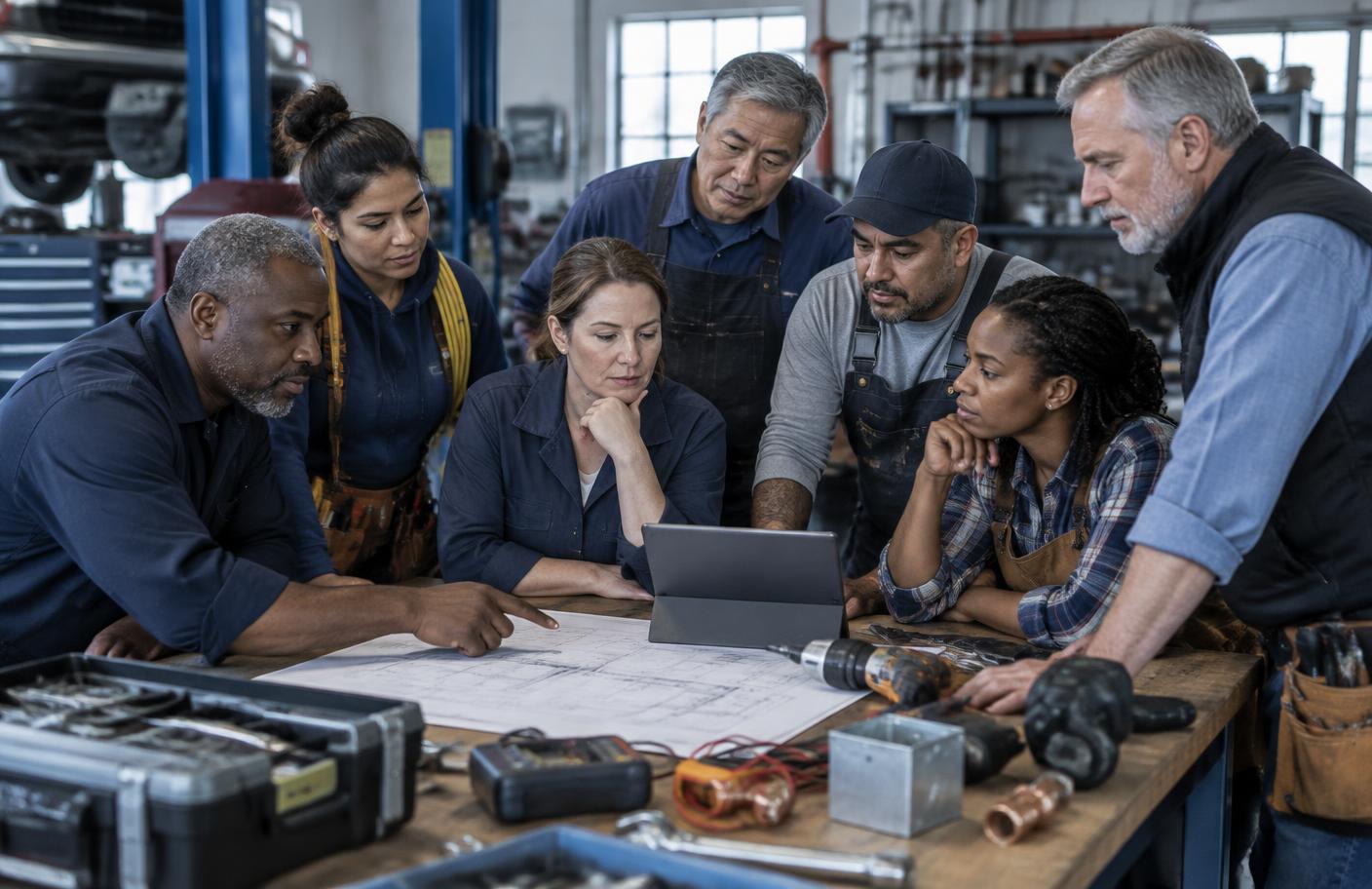 Experienced professionals from different trades collaborating around a repair plan