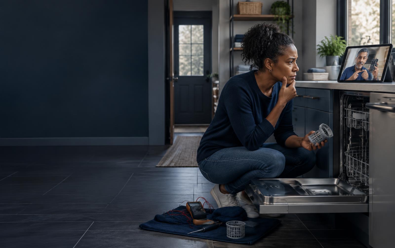A homeowner troubleshooting a dishwasher while an experienced expert guides her by video